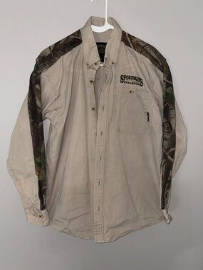 Sportsman's Warehouse Beige Button-Up with Camo Sleeves Size S